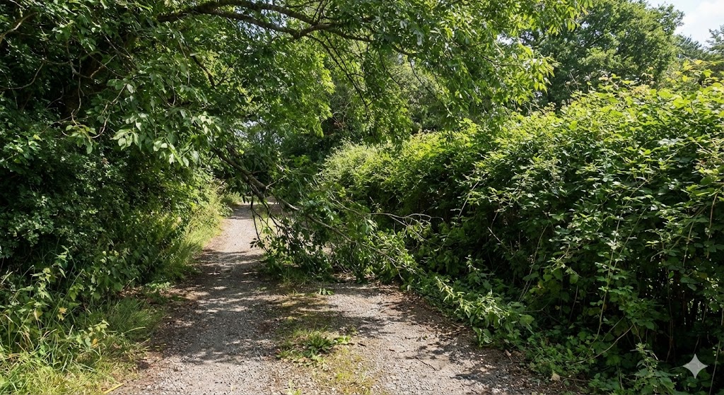 Driveway with low branches and hedge encroaching