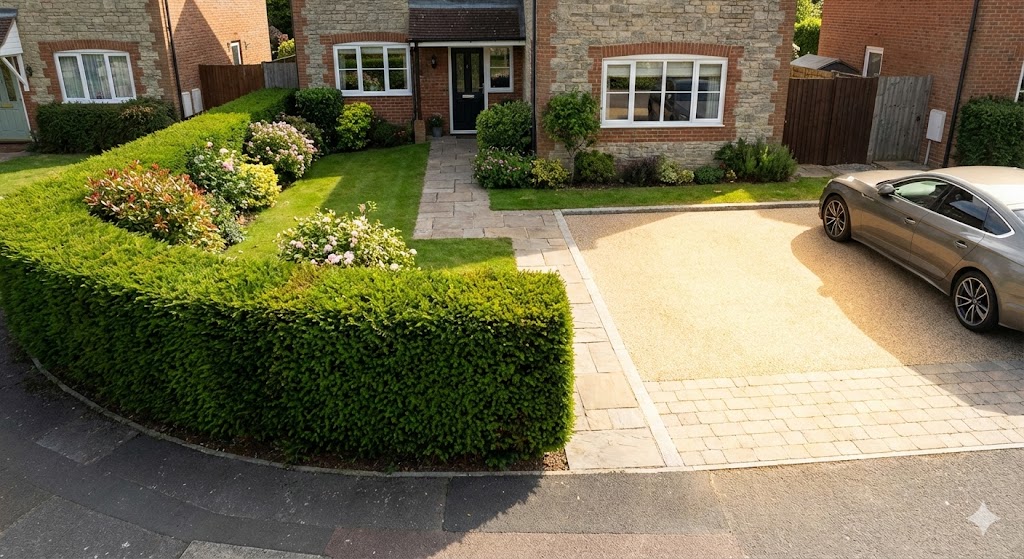 Front garden with tidy hedge and brighter parking area