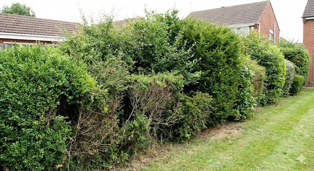 Long shared hedge with uneven height and width